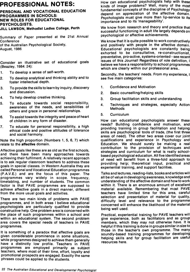 Personal and Vocational Education Programmes In Schools New Roles for