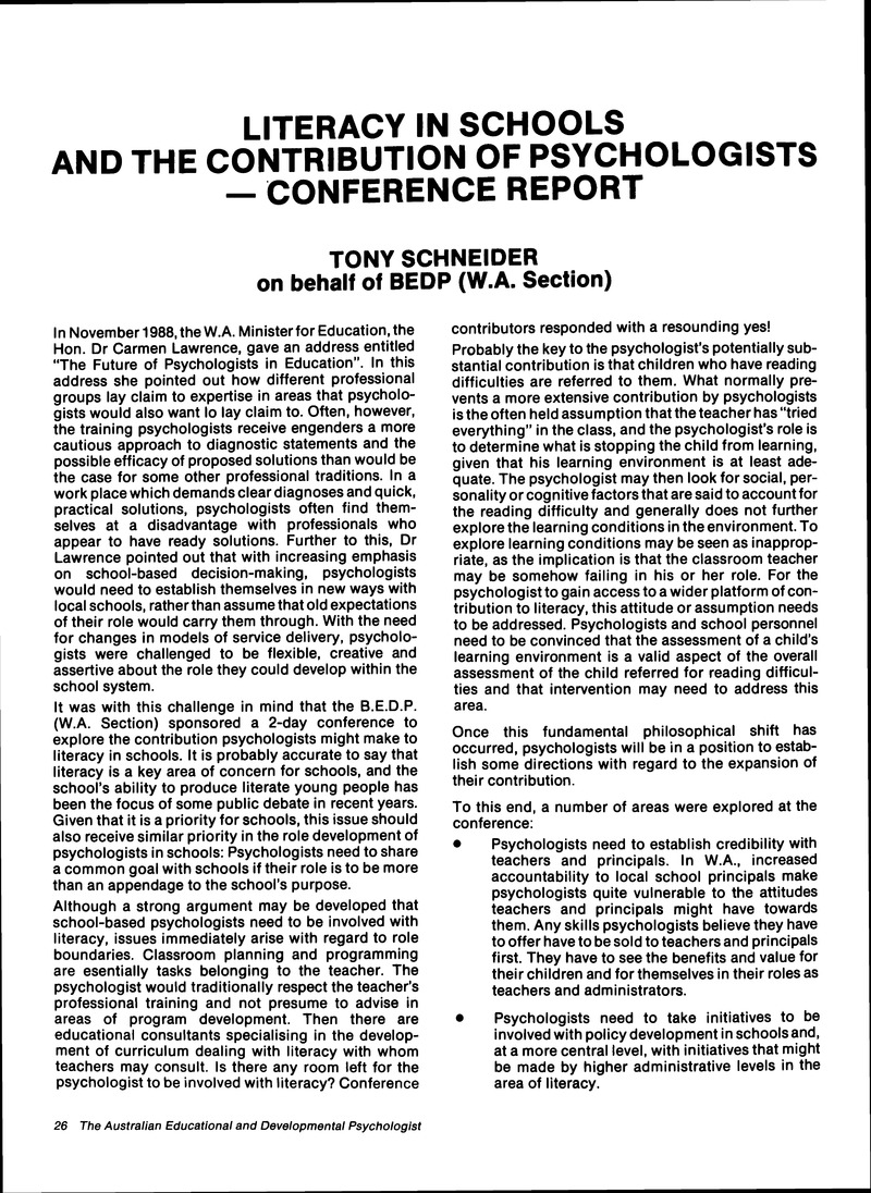 Literacy in Schools and the Contribution of Psychologists — Conference
