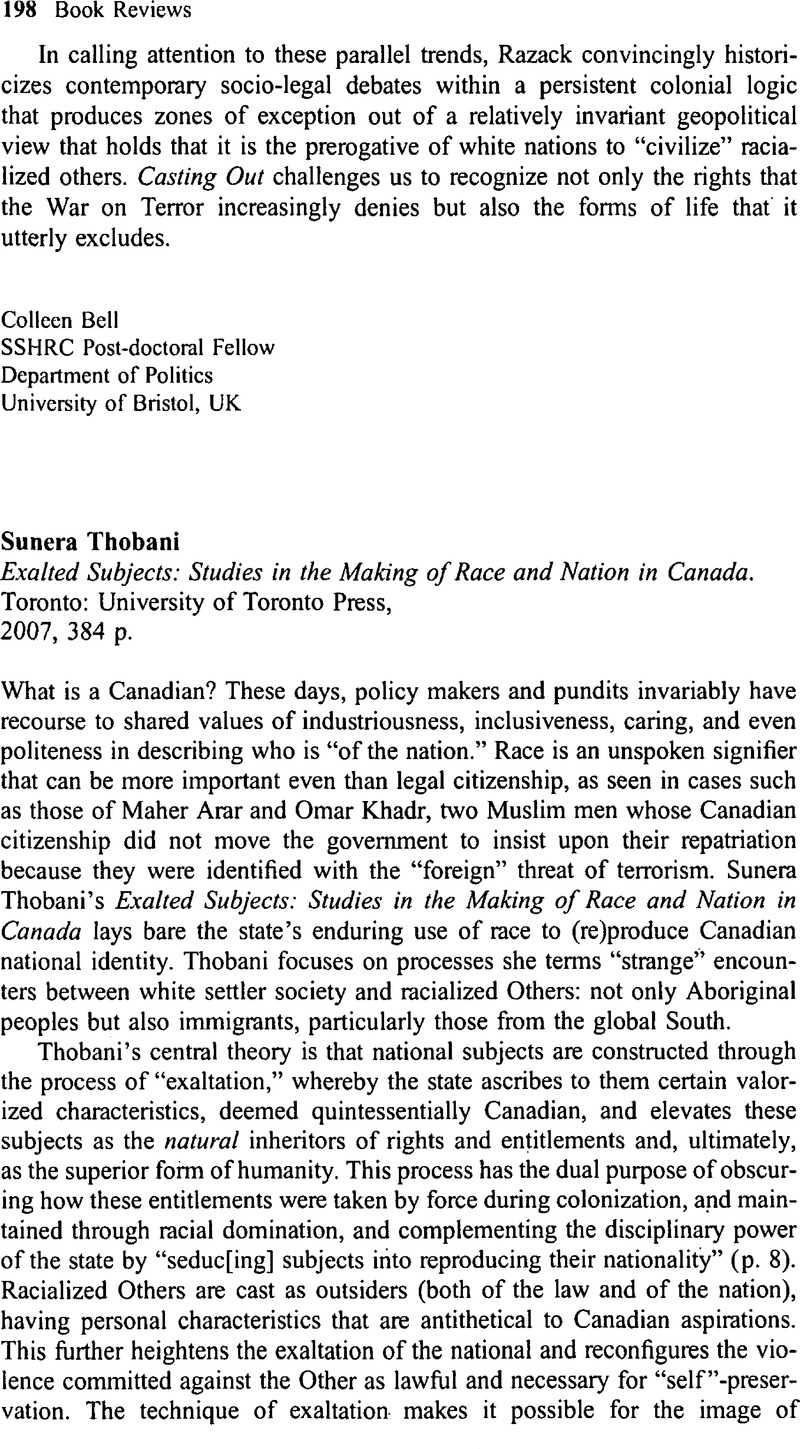Exalted Subjects: Studies in the Making of Race and Nation in Canada