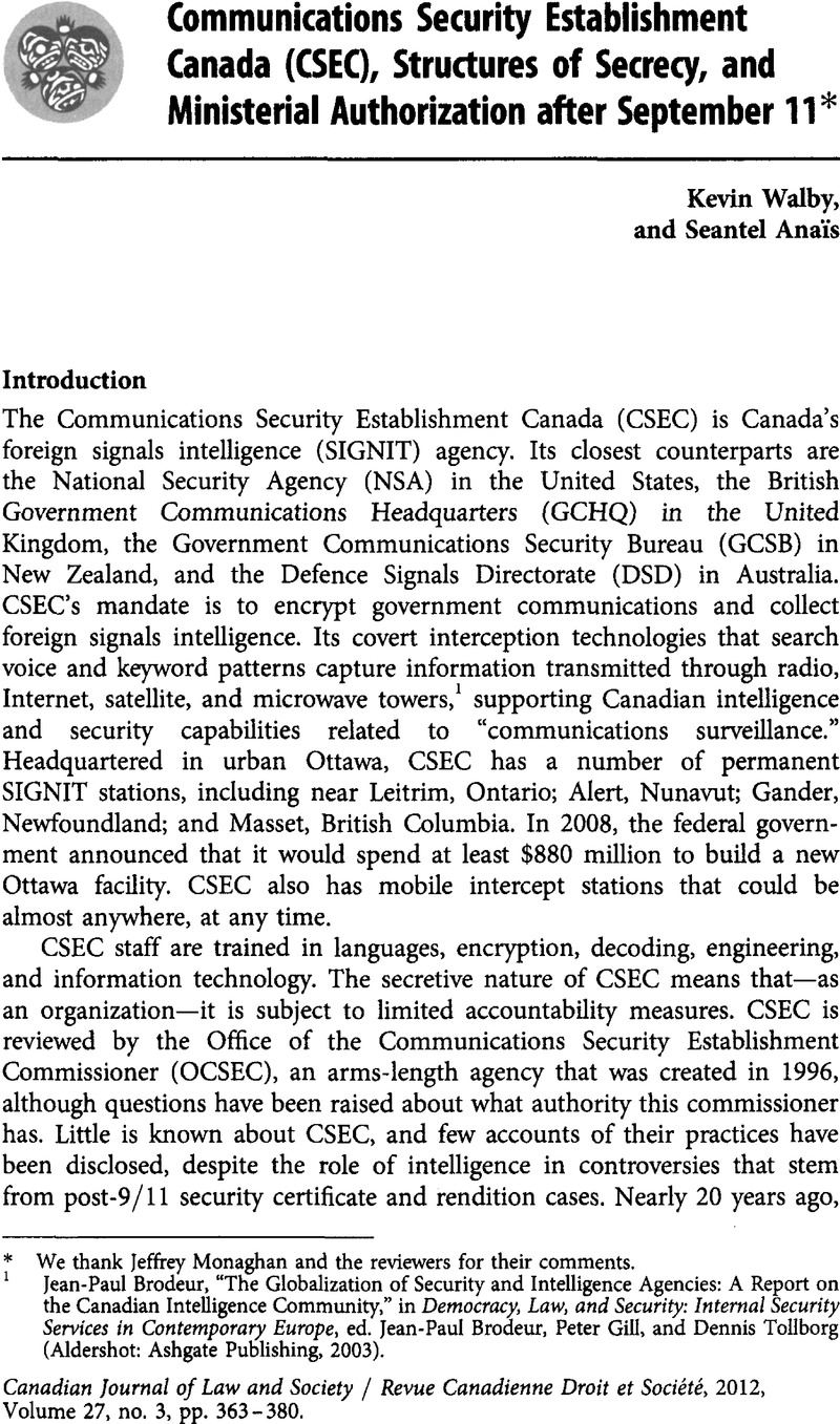 Communications Security Establishment Canada Csec Structures Of Secrecy And Ministerial