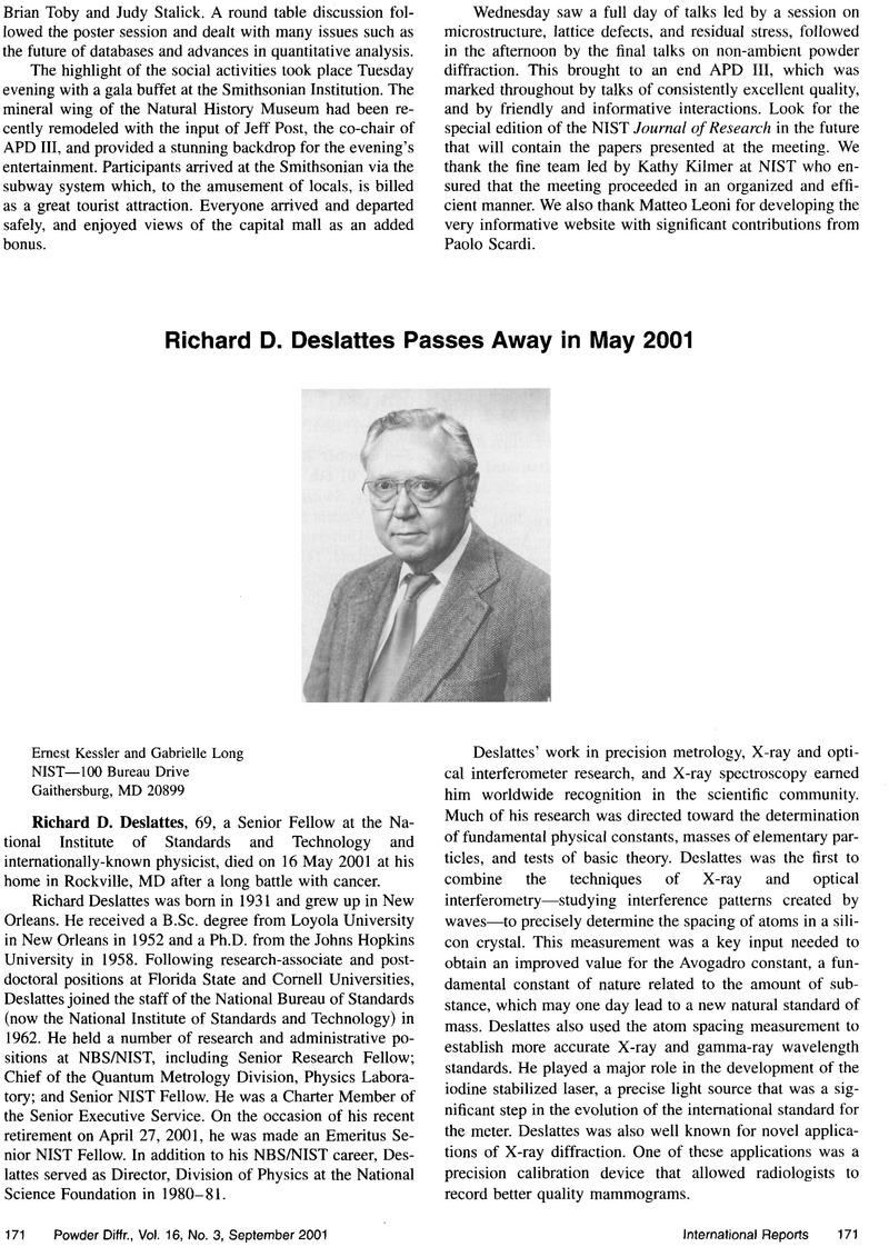 Richard D. Deslattes Passes Away in May 2001 | Powder Diffraction ...