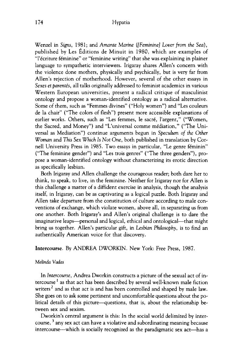 Andrea Dworkin. Intercourse. New York, Free Press, 1987. | Hypatia ...