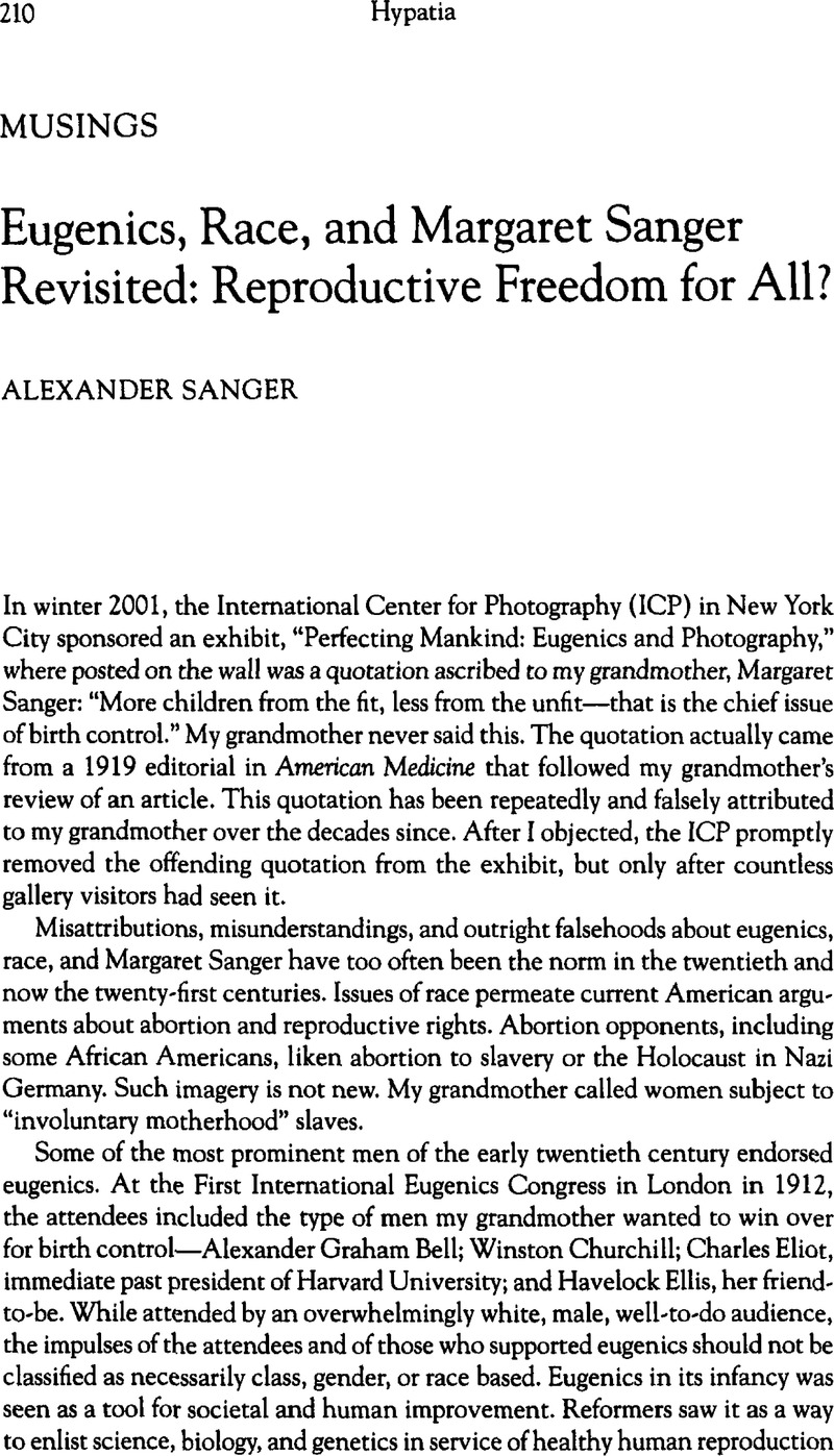 Eugenics, Race, and Margaret Sanger Revisited: Reproductive Freedom for ...