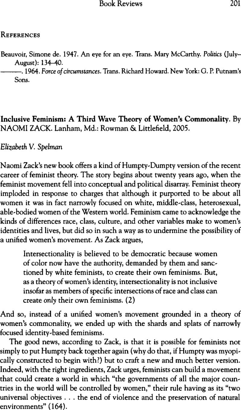Inclusive Feminism A Third Wave Theory Of Womens Commonality Naomi Zack Lanham Md Rowman 6458