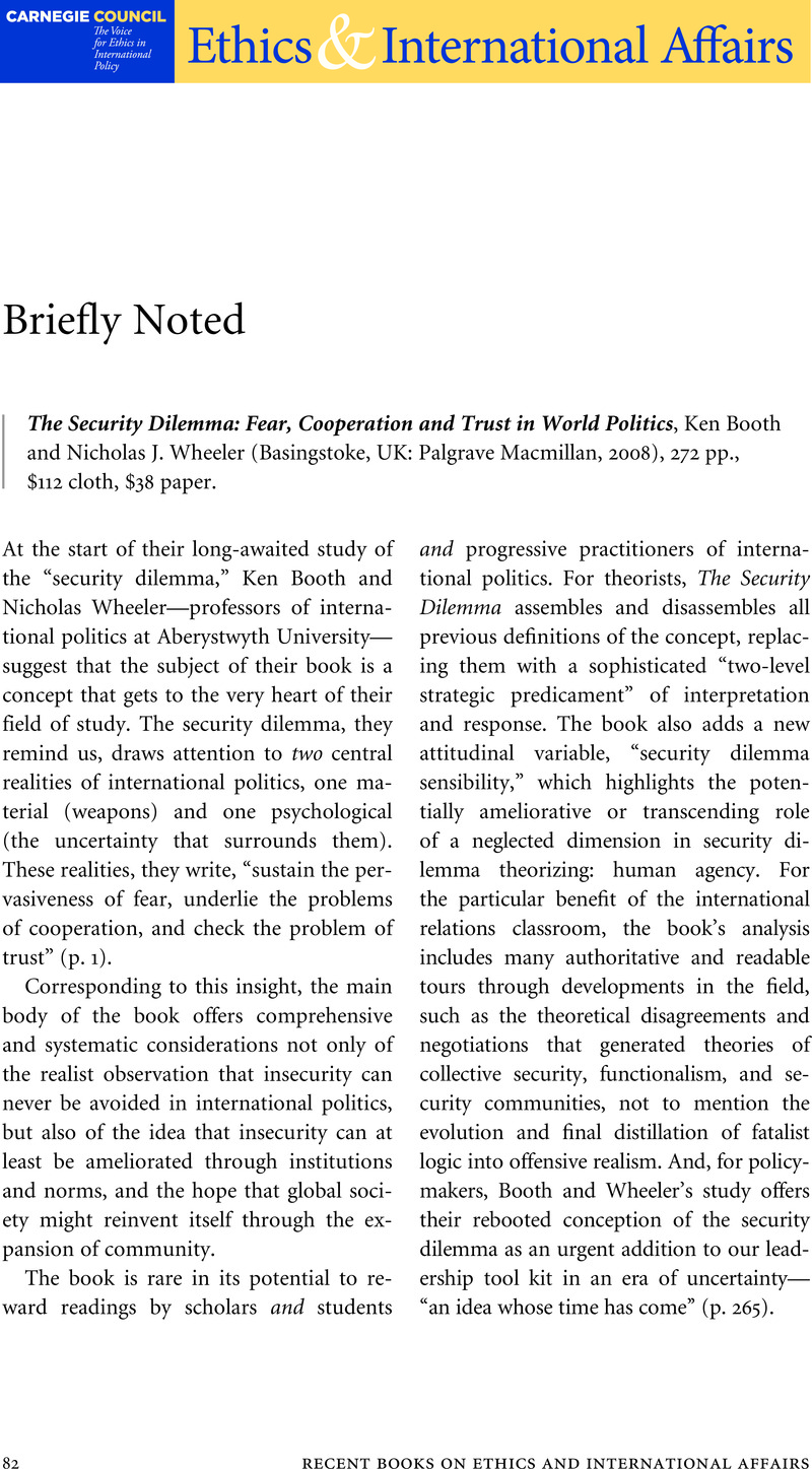 The Security Dilemma: Fear, Cooperation and Trust in World Politics ...