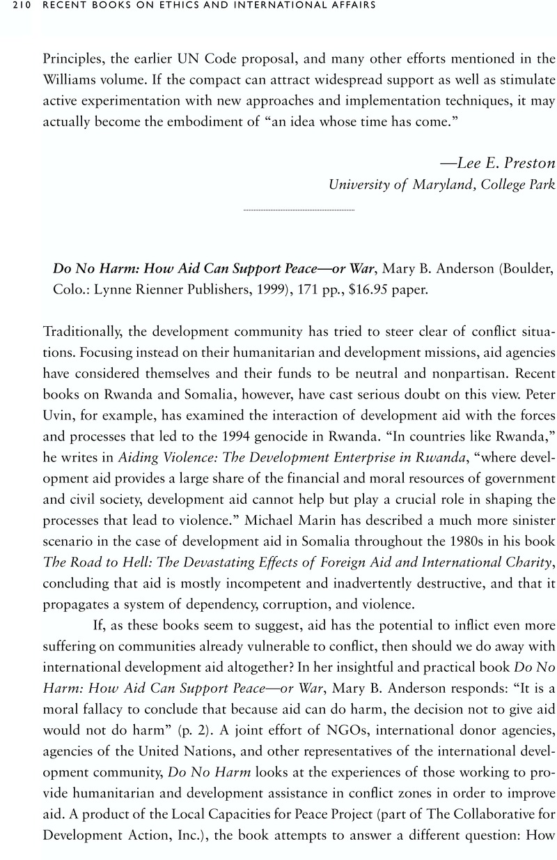 Do No Harm: How Aid Can Support Peace—or War, Mary B. Anderson (Boulder, Colo.: Lynne Rienner ...