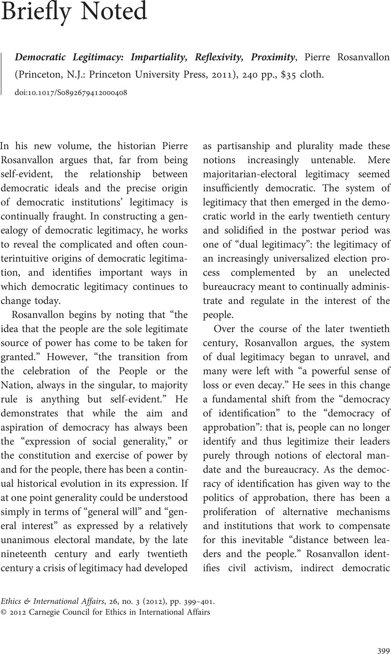 Democratic Legitimacy: Impartiality, Reflexivity, Proximity