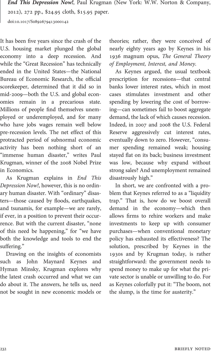 End This Depression Now!, Paul Krugman (New York: W.W. Norton &amp; Company, 2012), 272 pp., $24.95 ...