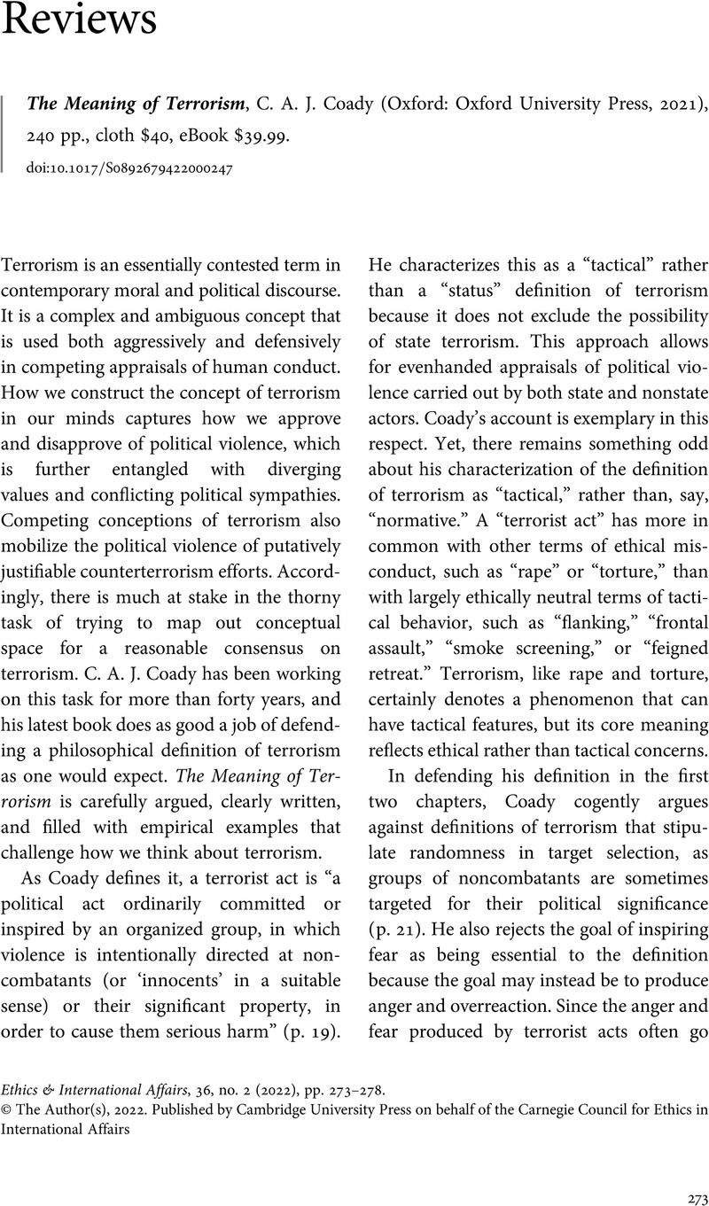 The Meaning of Terrorism, C. A. J. Coady (Oxford Oxford University