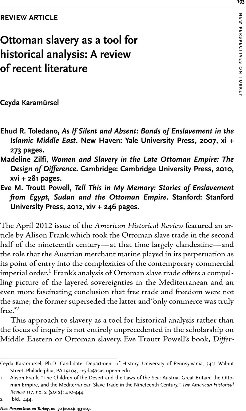 Ottoman Slavery as a Tool for Historical Analysis A Review of Recent