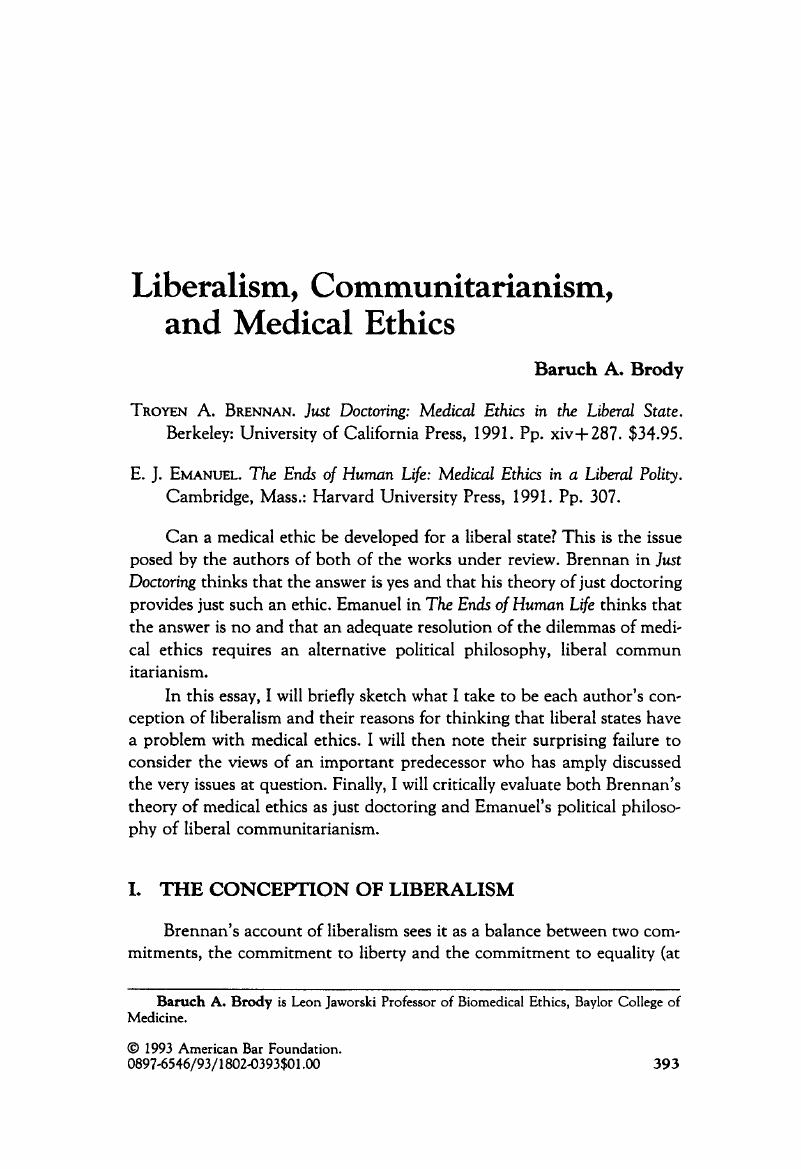 Liberalism Communitarianism And Medical Ethics Law And Social Inquiry Cambridge Core 