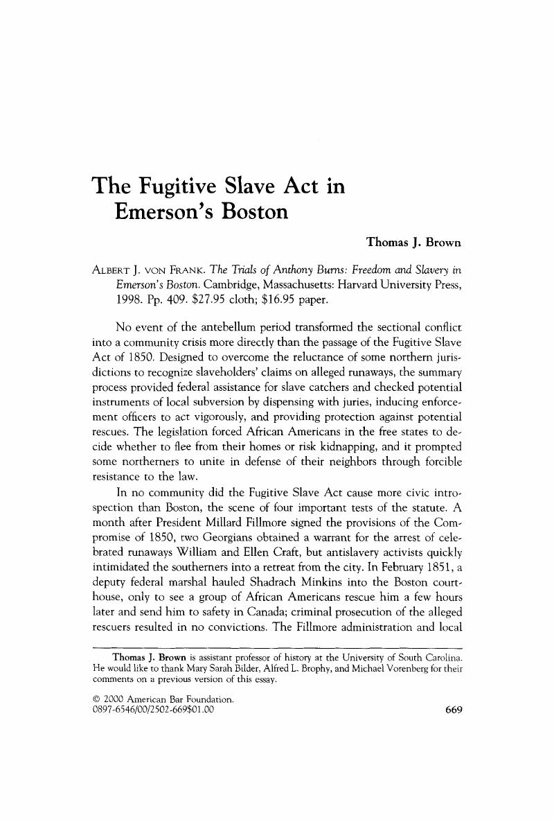 essay on the fugitive slave act