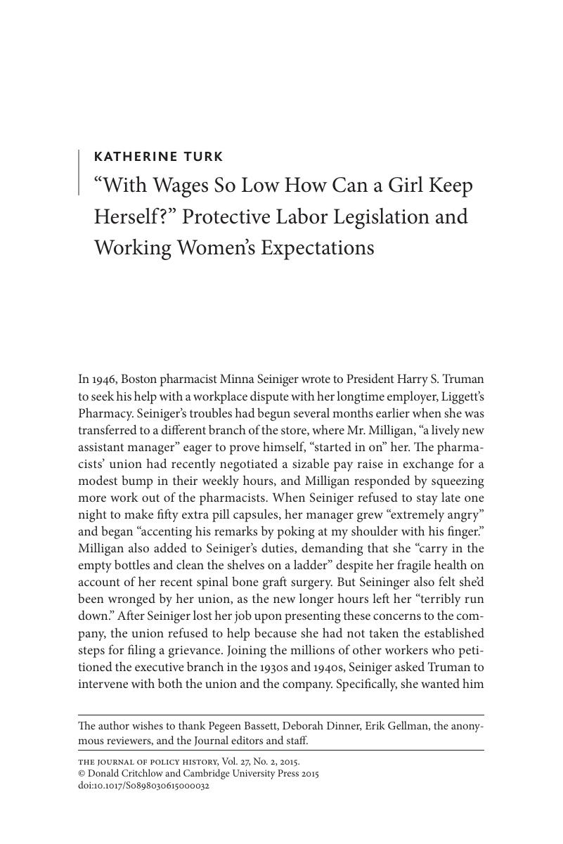 “With Wages So Low How Can a Girl Keep Herself?” Protective Labor