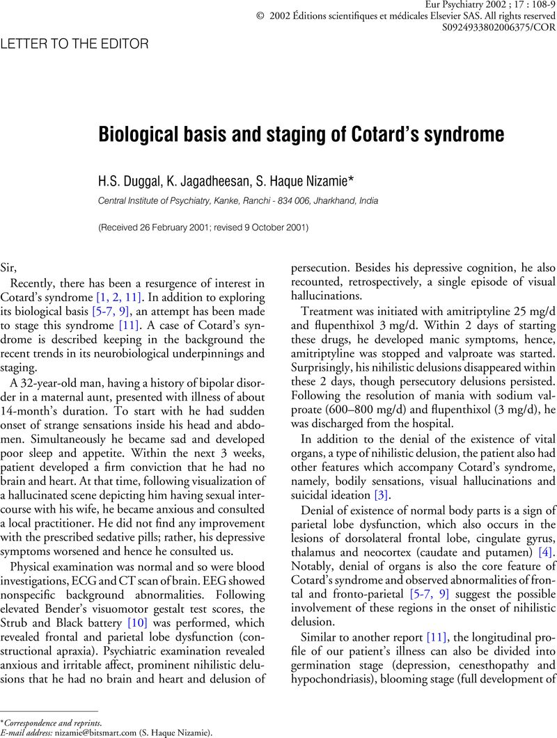 Biological basis and staging of Cotard’s syndrome | European Psychiatry ...