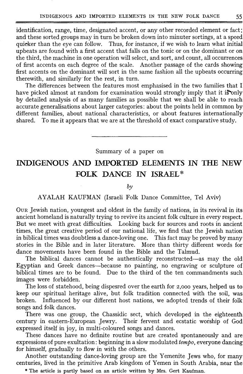 Indigenous and Imported Elements in the New Folk Dance in Israel