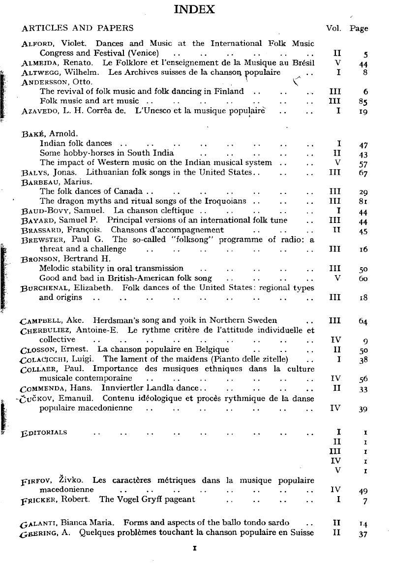 Index Volumes I - V | Journal Of The International Folk Music Council ...