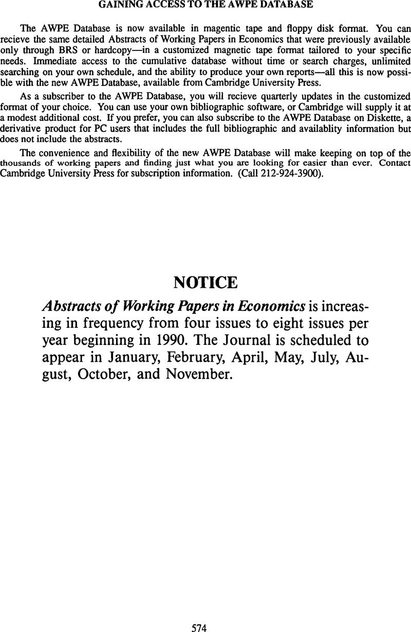Economic Paper Abstract Gaining Access to the AWPE Database | Abstracts of Working Papers in ...