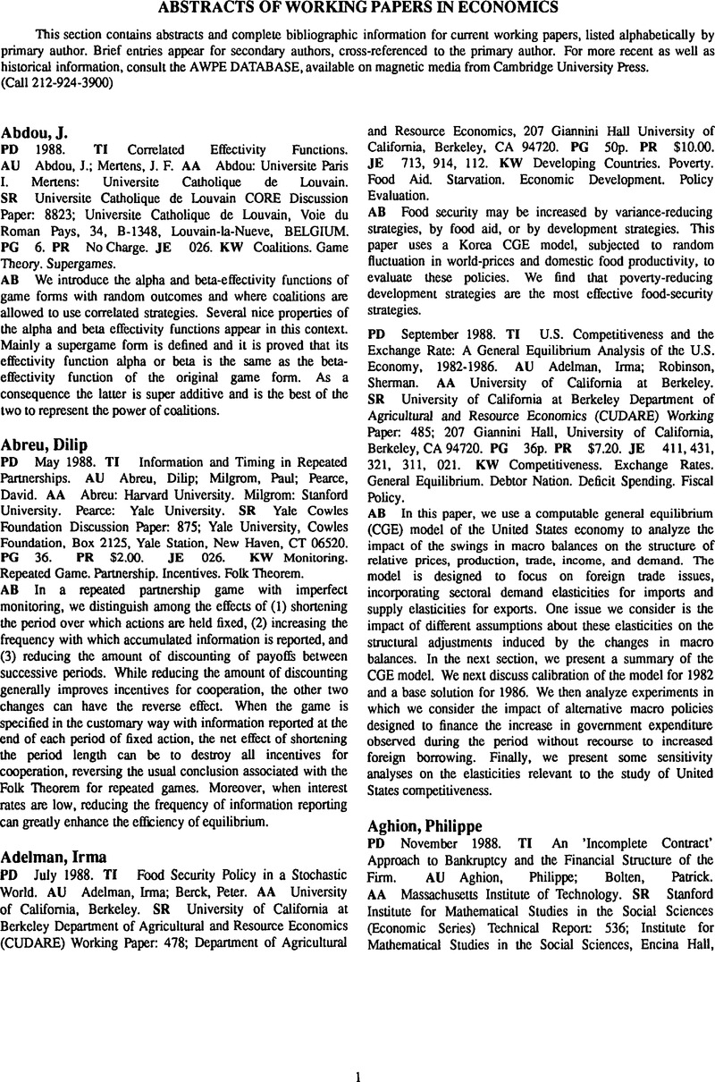 Economic Paper Abstract Abstracts of Working Papers in Economics | Abstracts of Working Papers ...