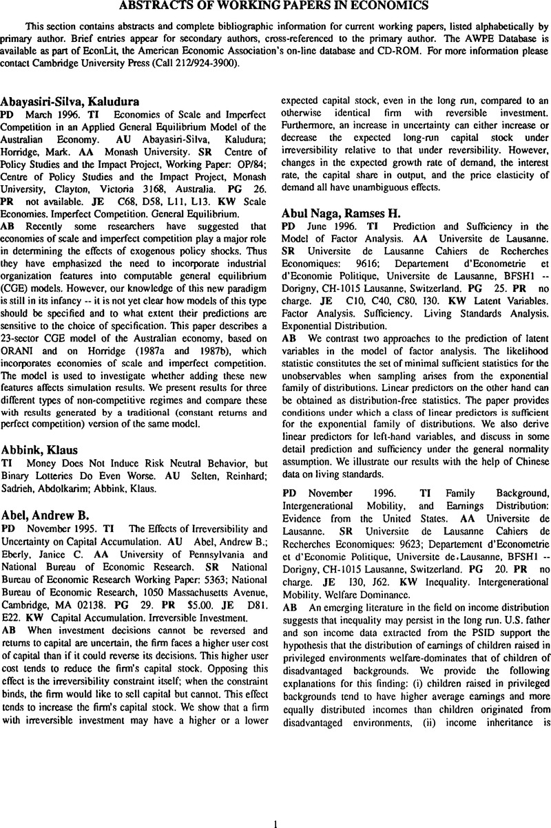 Economic Paper Abstract Abstracts of Working Papers in Economics | Abstracts of Working Papers ...