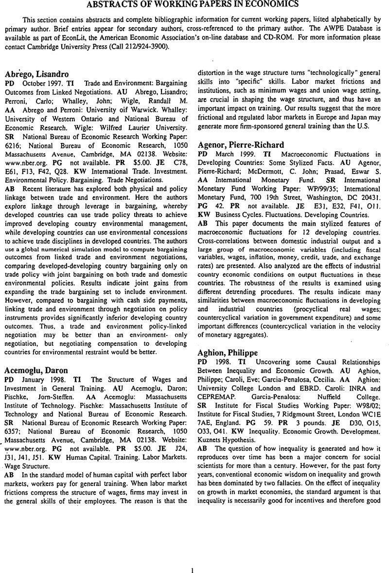 Economic Paper Abstract Abstracts of Working Papers in Economics | Abstracts of Working Papers ...