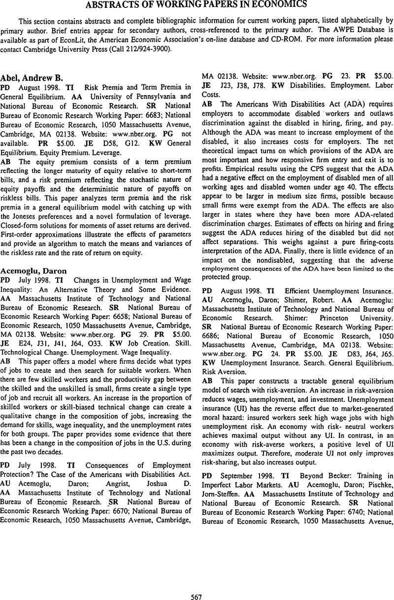 Economic Paper Abstract Abstracts of Working Papers in Economics | Abstracts of Working Papers ...