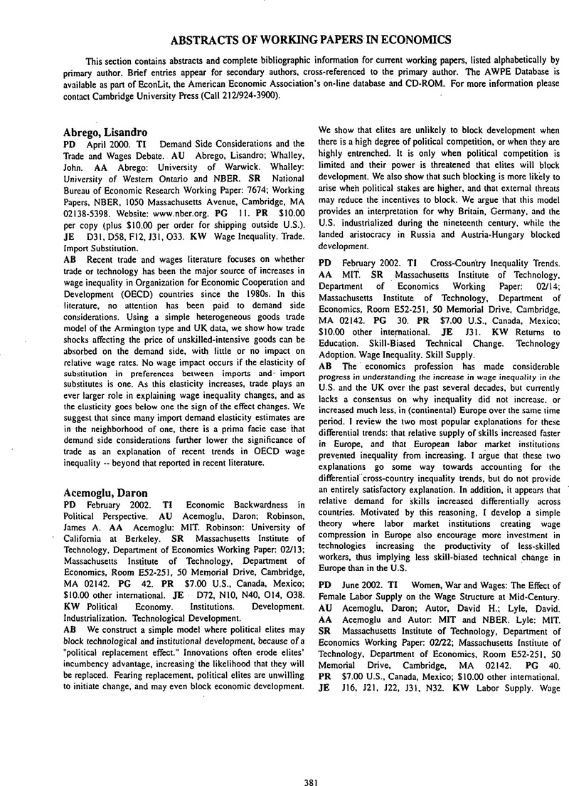 Economic Paper Abstract Abstracts of Working Papers in Economics | Abstracts of Working Papers ...