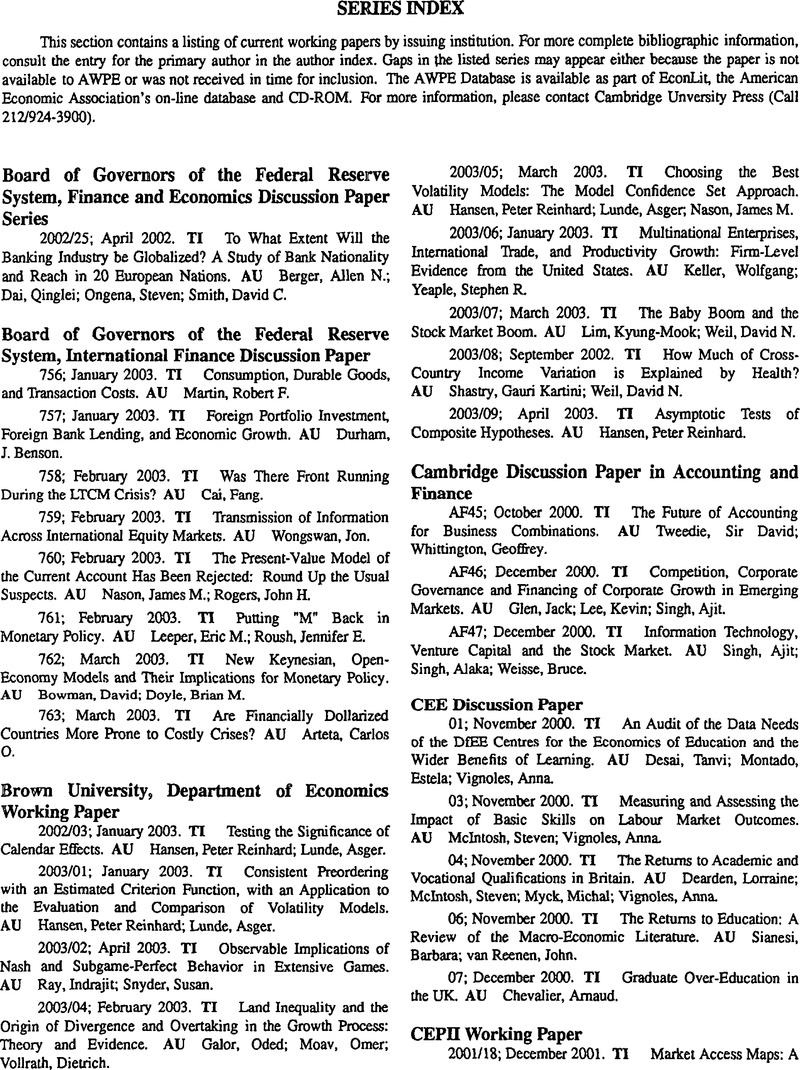 Economic Paper Abstract Series Index | Abstracts of Working Papers in Economics | Cambridge Core