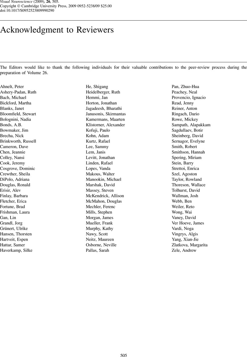 Acknowledgment to Reviewers | Visual Neuroscience | Cambridge Core