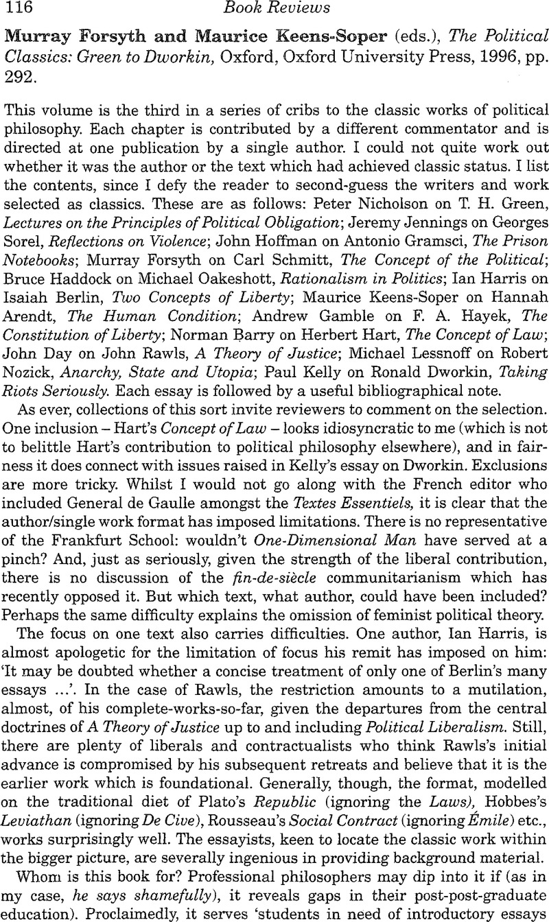 Murray Forsyth and Maurice Keens-Soper (eds.), The Political Classics ...