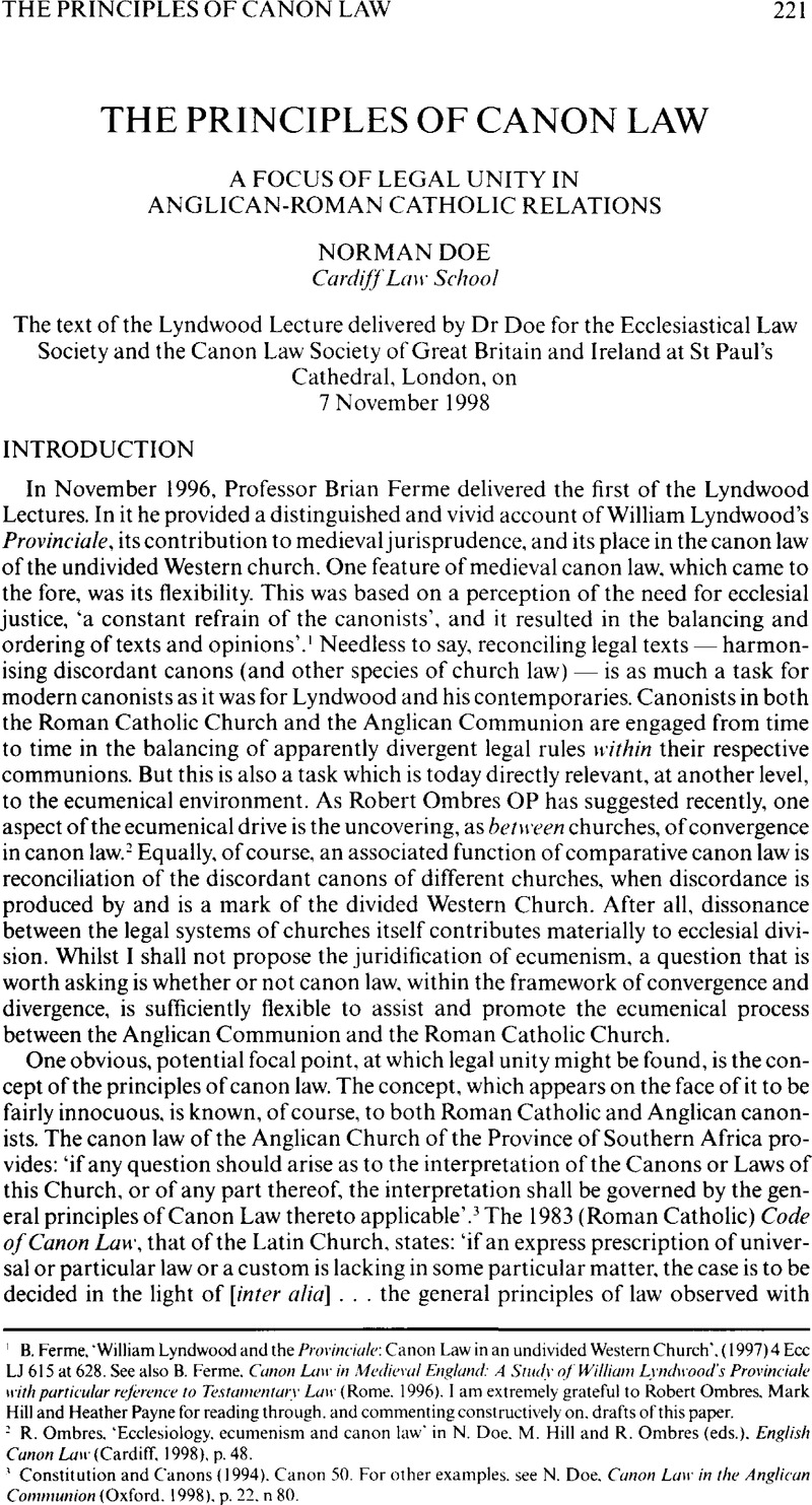 The Principles of Canon Law Ecclesiastical Law Journal Cambridge Core