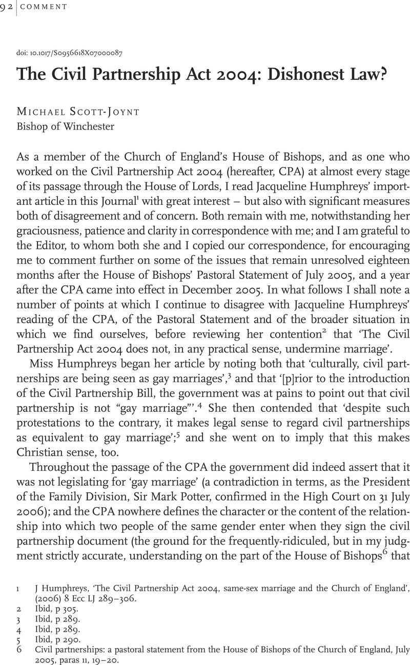 The Civil Partnership Act 2004 Dishonest Law Ecclesiastical Law   FirstPage S0956618X07000087a 