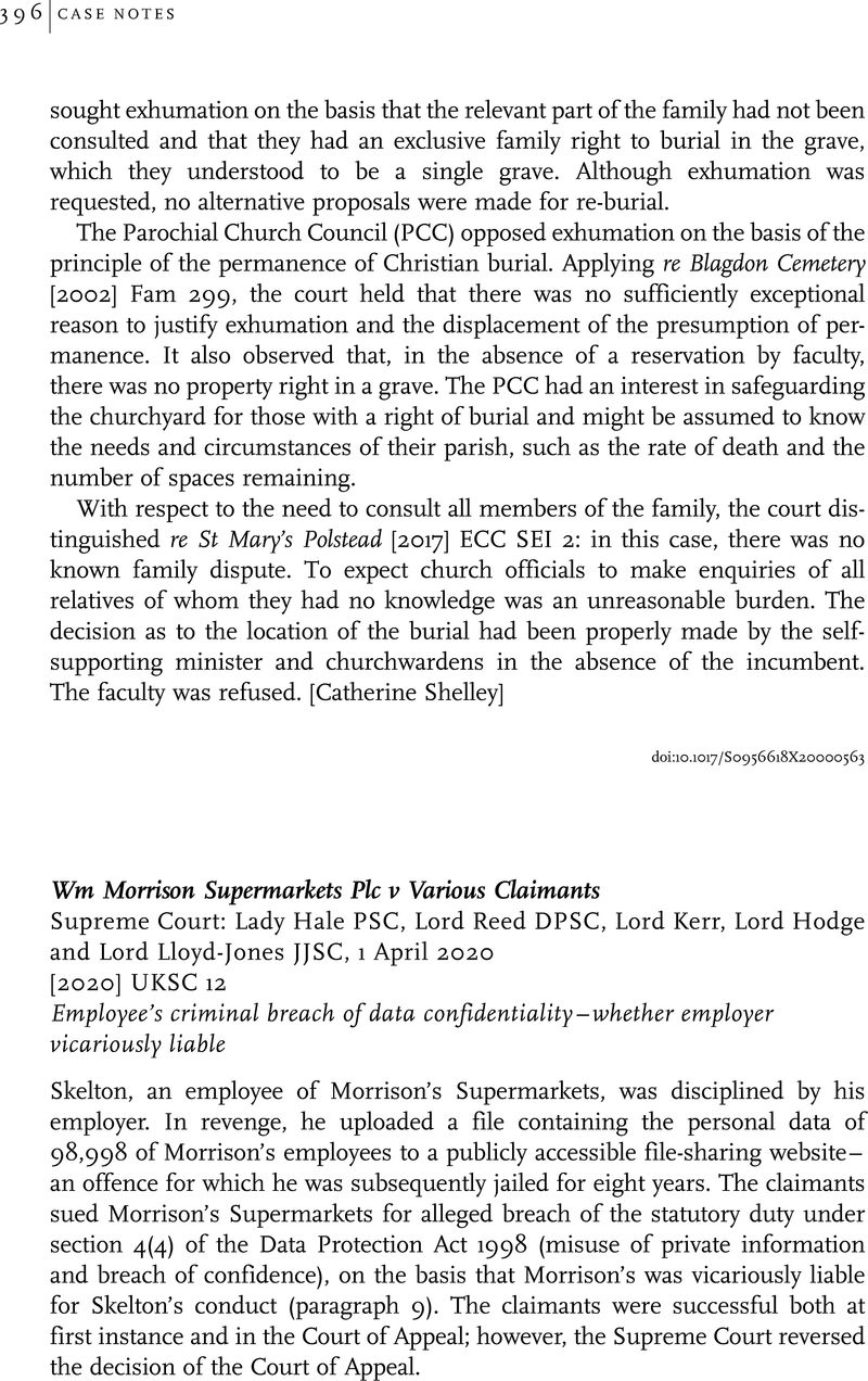 Wm Morrison Supermarkets Plc v Various Claimants Ecclesiastical Law