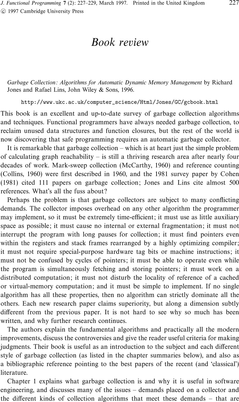 Garbage Collection: Algorithms for Automatic Dynamic Memory Management ...