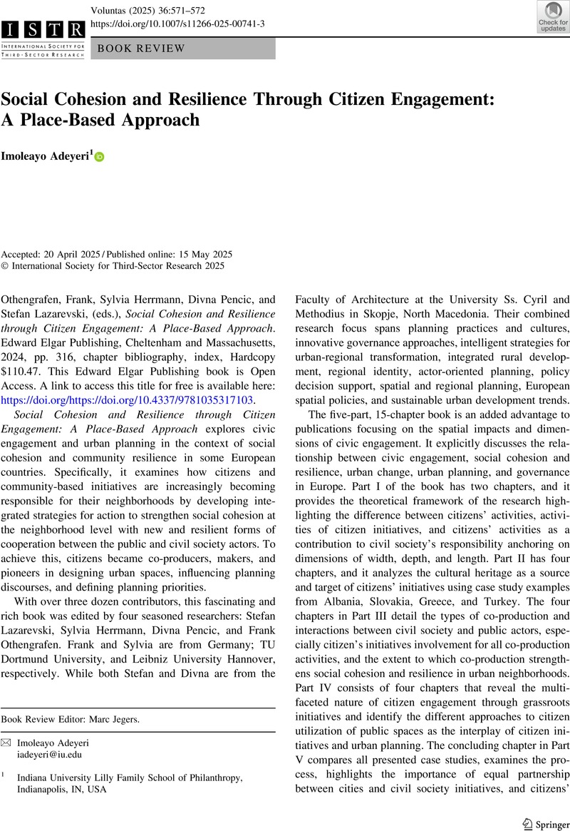 Social Cohesion and Resilience Through Citizen Engagement: A Place ...