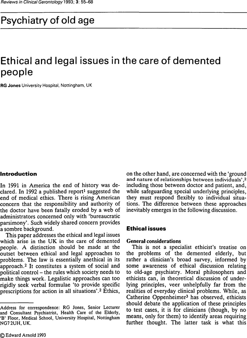 Ethical and legal issues in the care of demented people | Reviews in ...