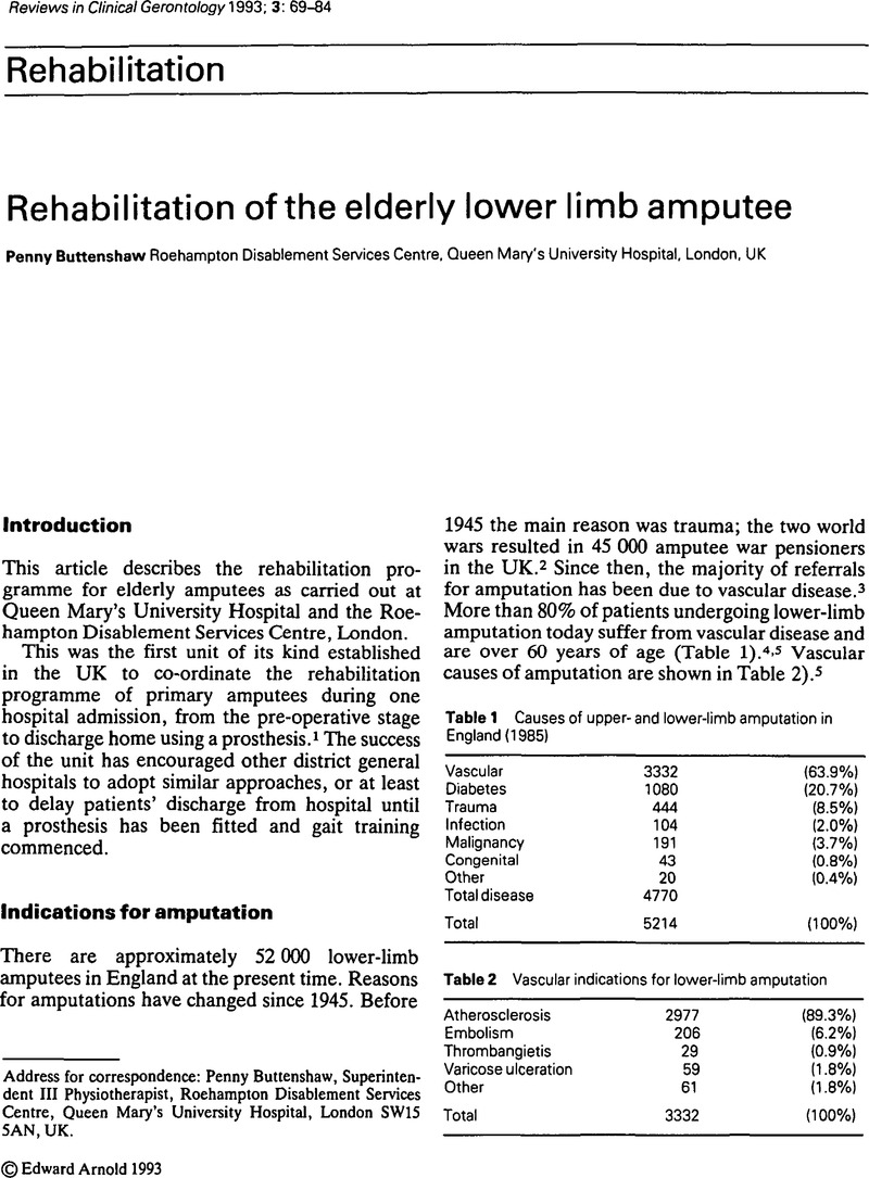 Rehabilitation of the elderly lower limb amputee | Reviews in Clinical ...