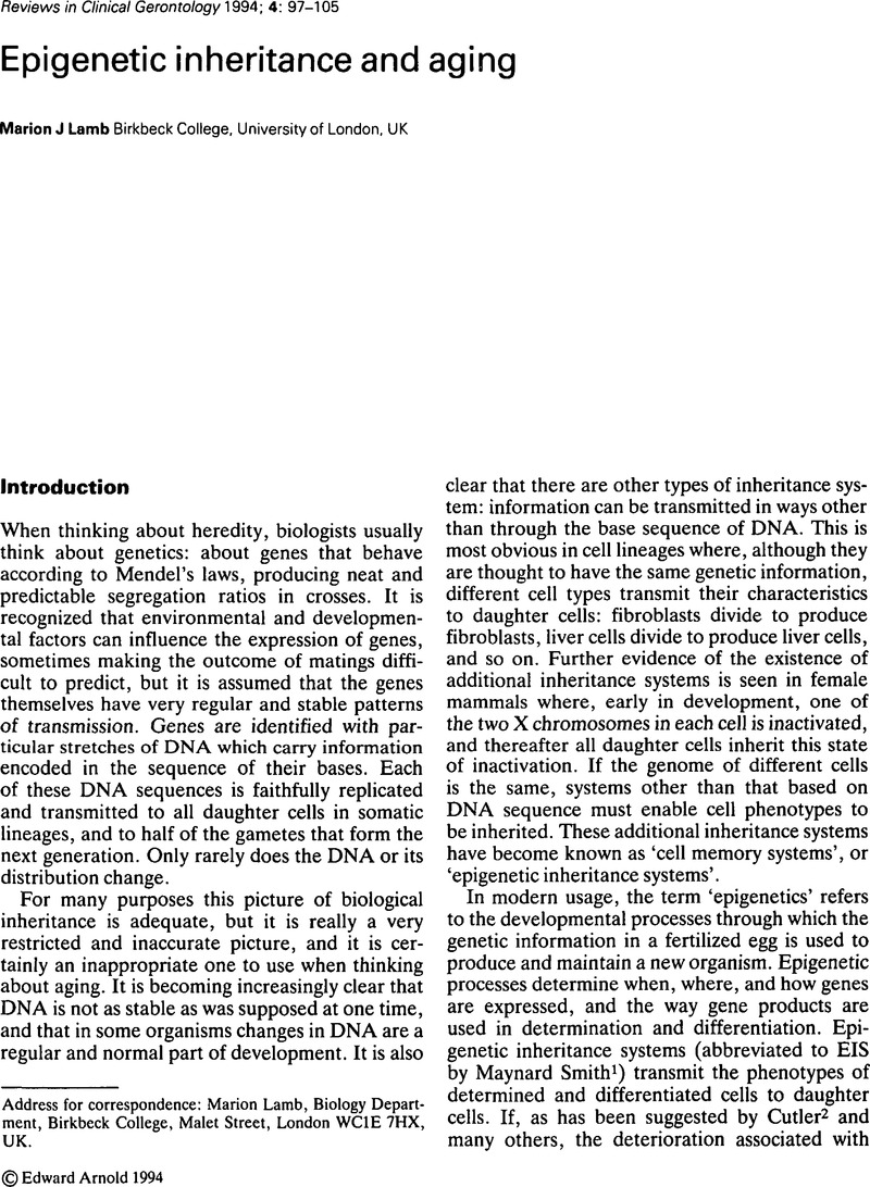 Epigenetic inheritance and aging | Reviews in Clinical Gerontology ...