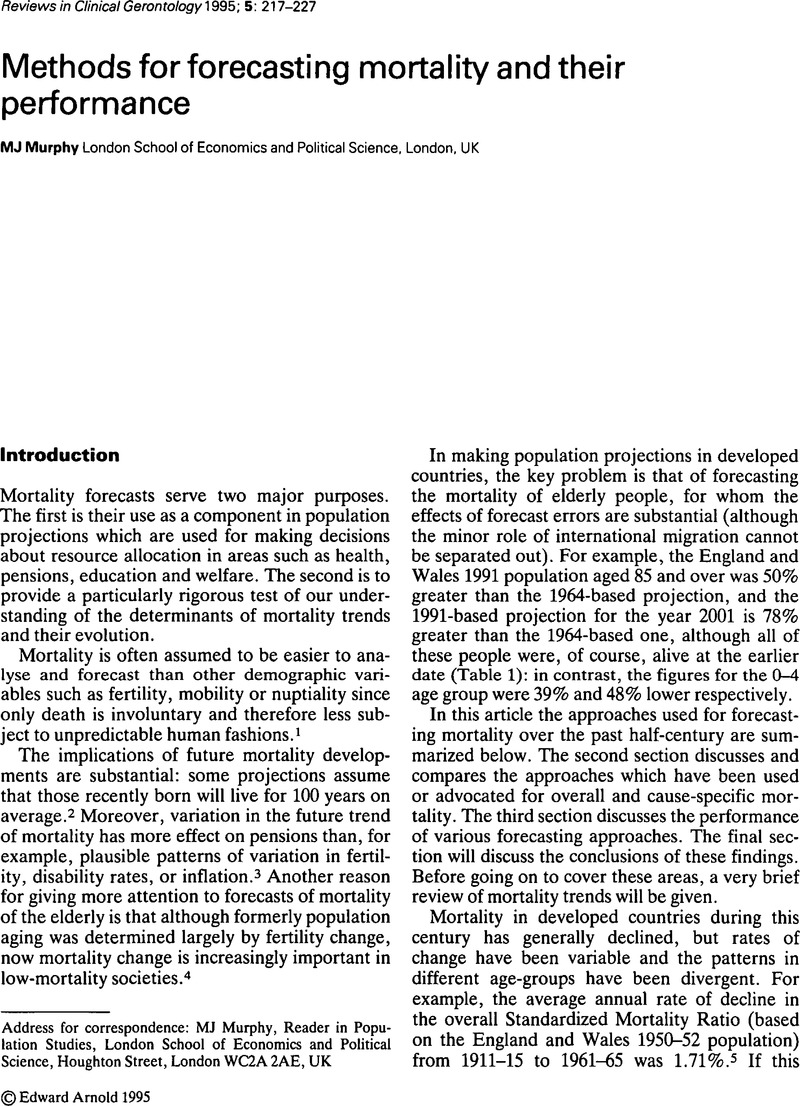 Methods for forecasting mortality and their performance | Reviews in ...