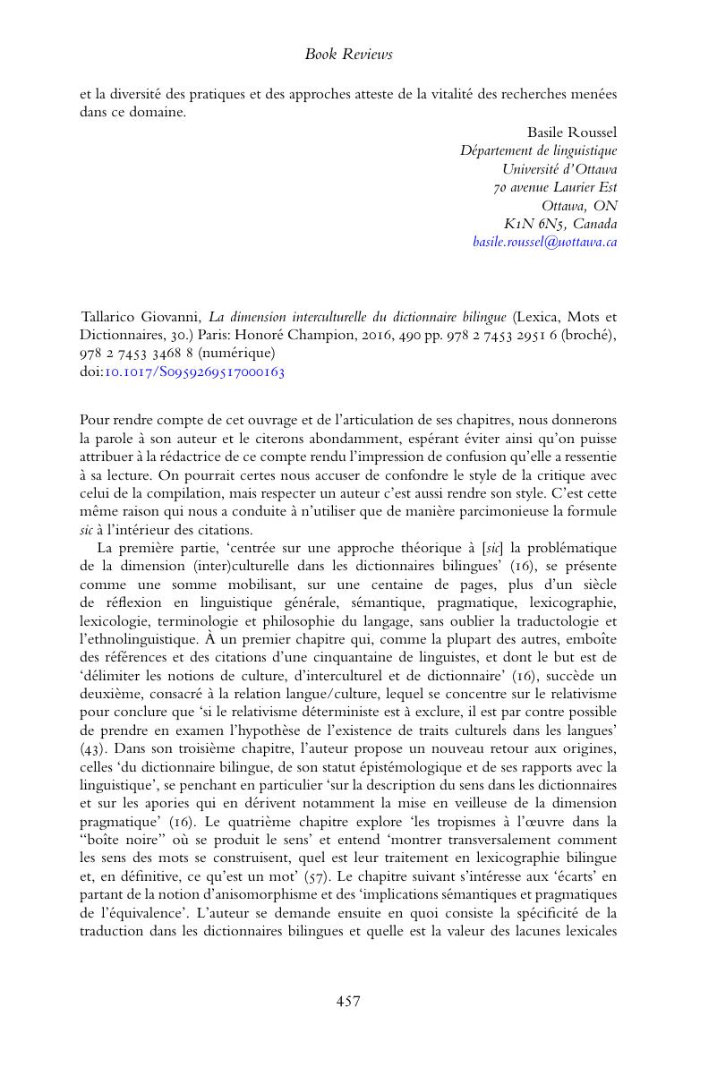 Giovanni Tallarico, La dimension interculturelle du dictionnaire ...