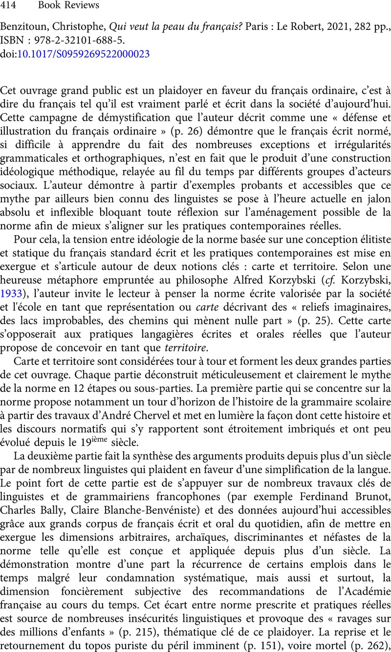 Christophe Benzitoun, Qui veut la peau du français? Paris : Le Robert ...