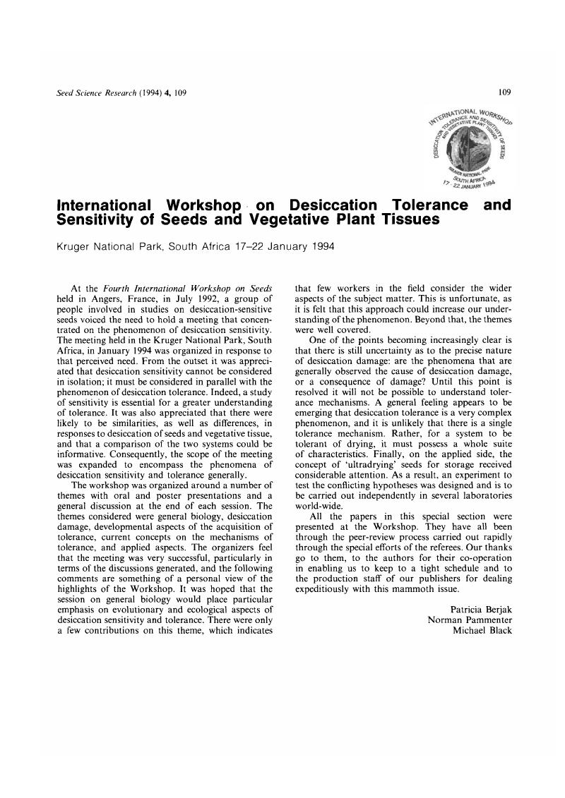 International on Desiccation Tolerance and Sensitivity of