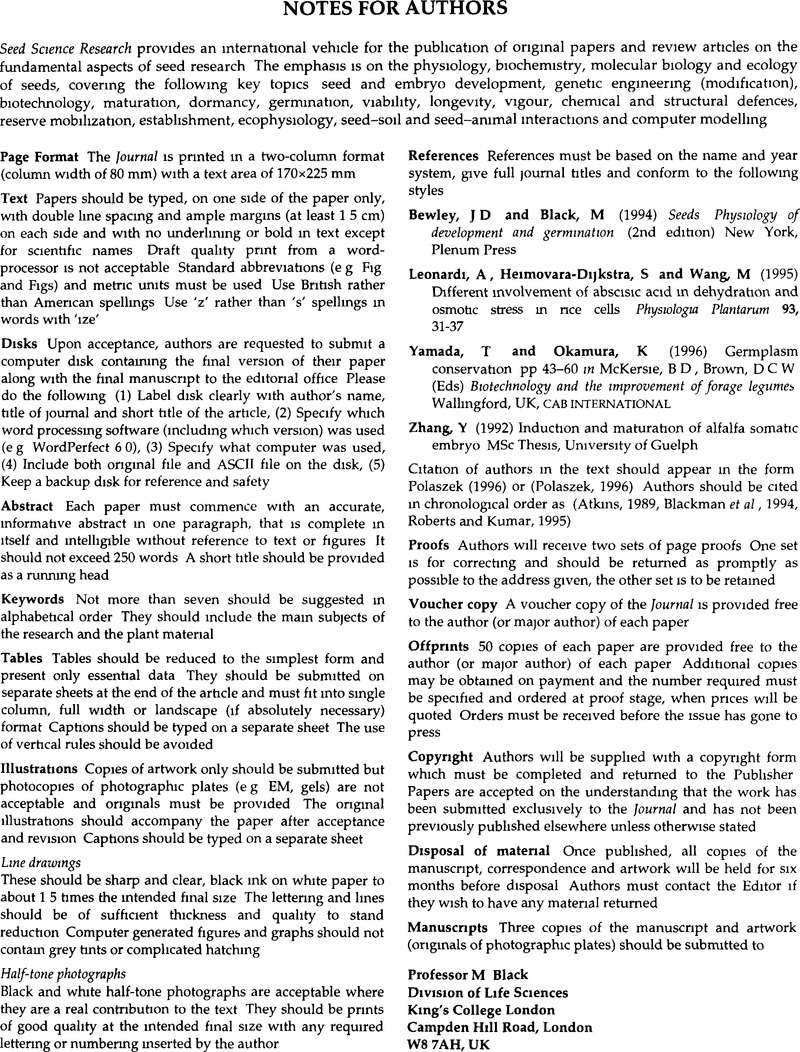 Authors Notes Sample Notes for Authors | Seed Science Research | Cambridge Core