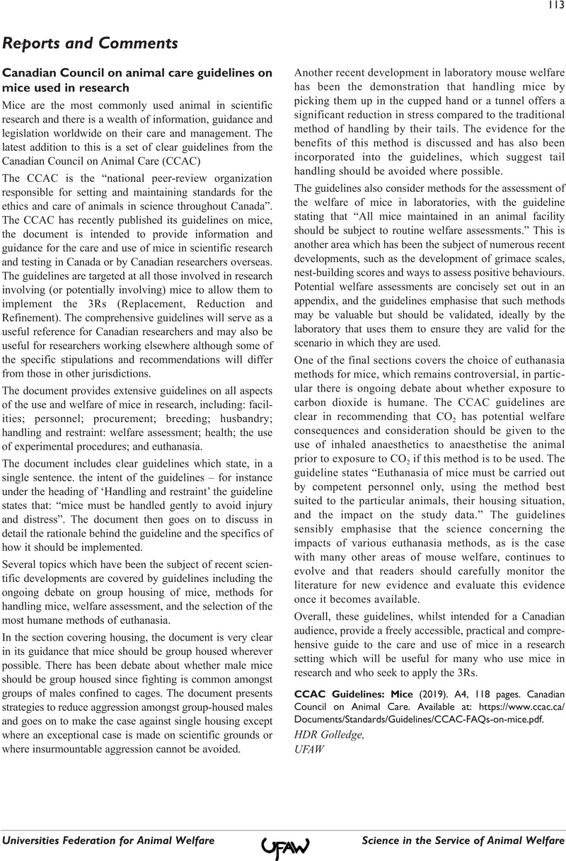 Canadian Council on animal care guidelines on mice used in research