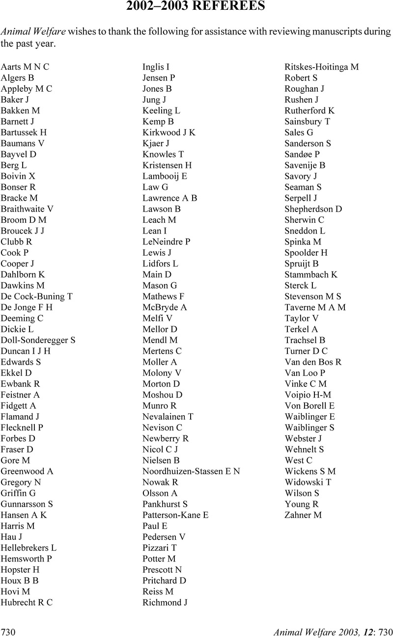 2002–2003 Referees | Animal Welfare | Cambridge Core