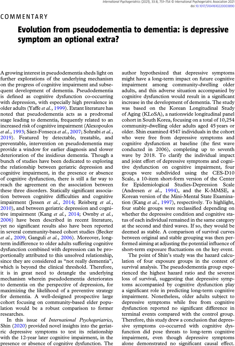 Evolution From Pseudodementia To Dementia: Is Depressive Symptom An ...