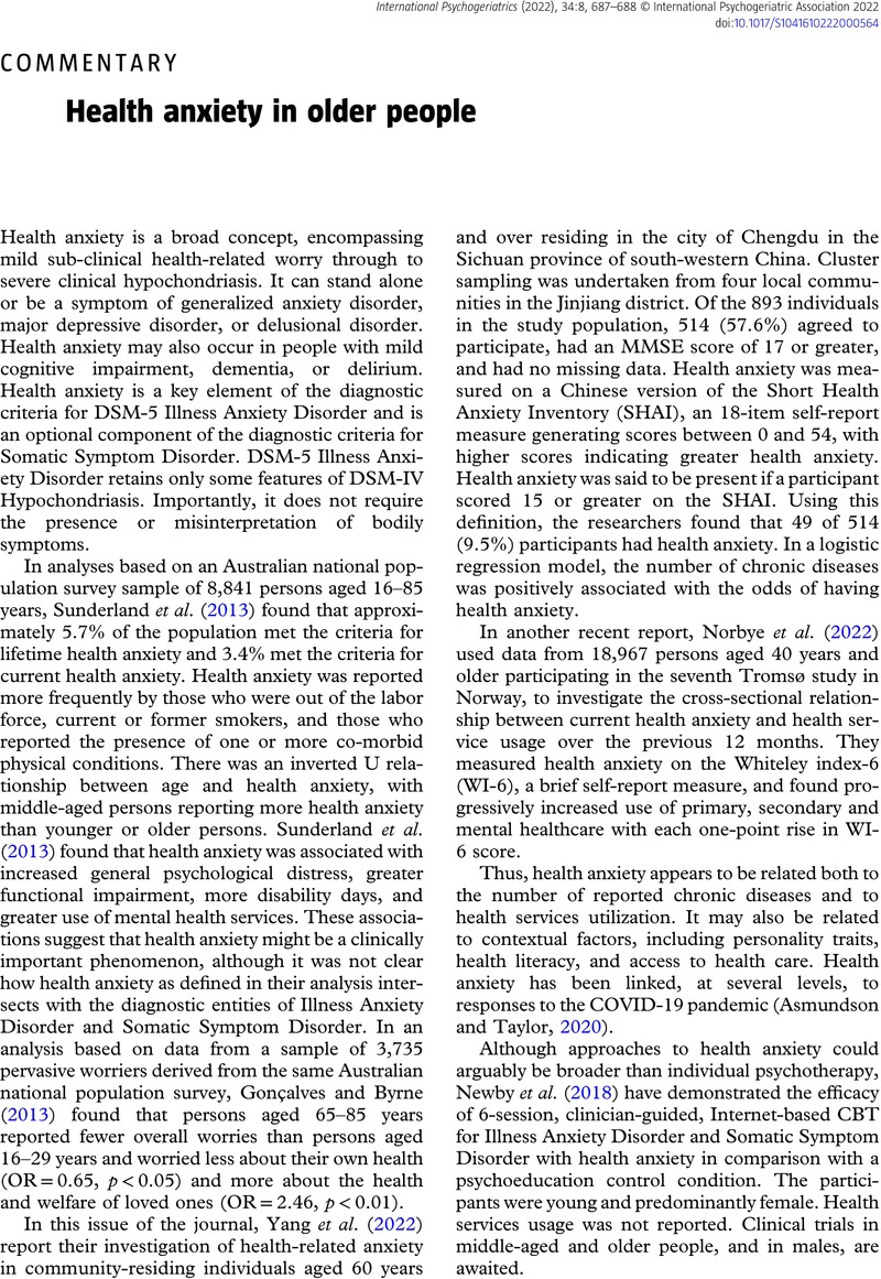 Health anxiety in older people | International Psychogeriatrics ...