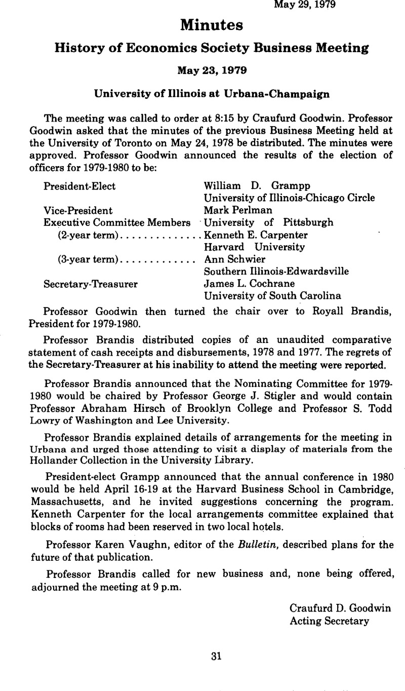 Minutes History Of Economics Society Business Meeting May 231979 Journal Of The History Of 5706