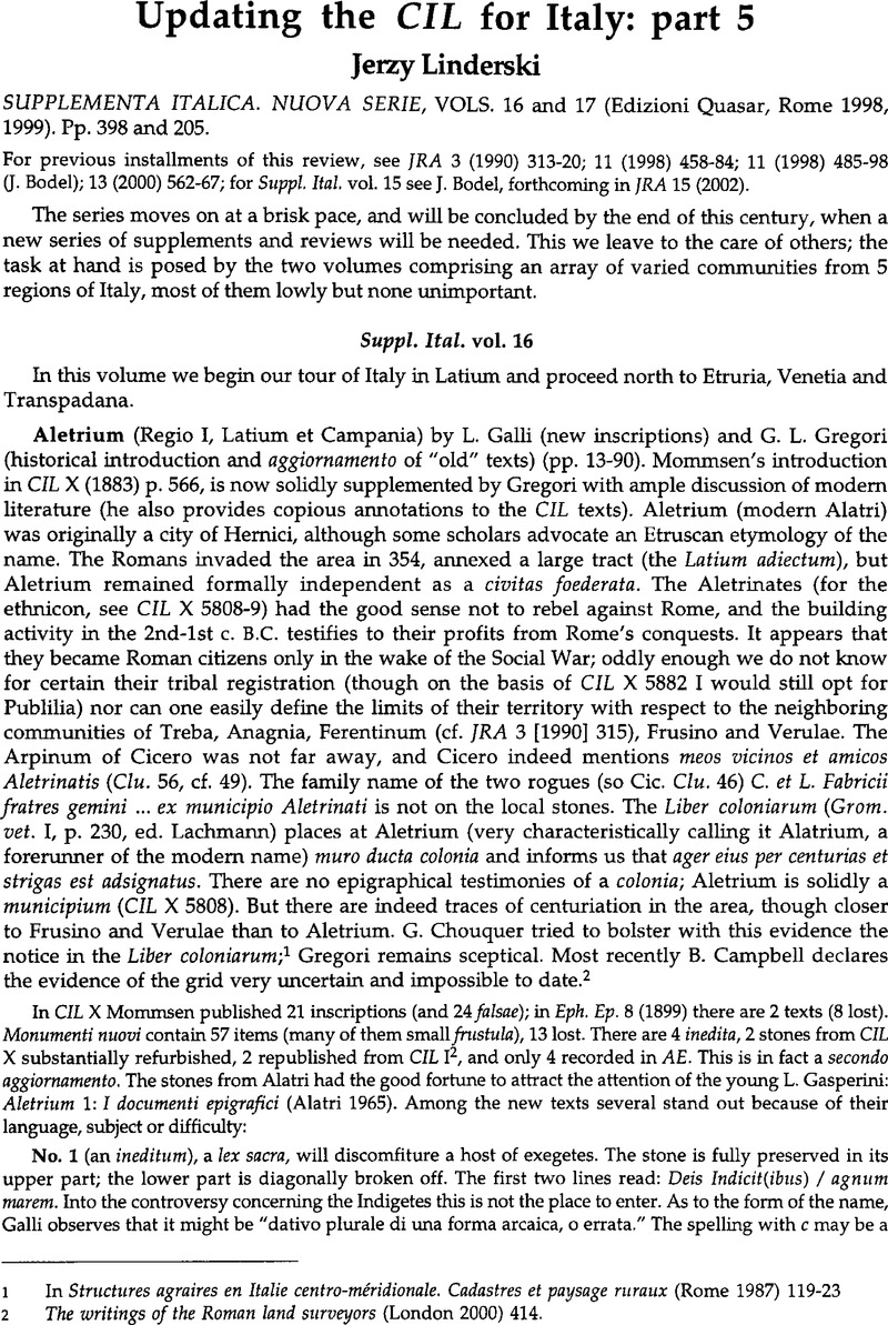 Updating the CIL for Italy: part 5 - SUPPLEMENTA ITALICA. NUOVA SERIE ...