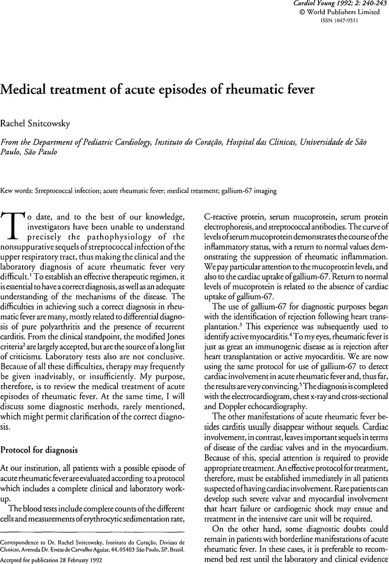 Medical Treatment Of Acute Episodes Of Rheumatic Fever | Cardiology In ...