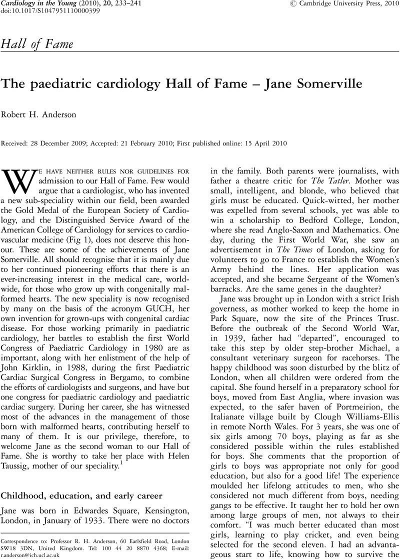 The paediatric cardiology Hall of Fame – Jane Somerville | Cardiology ...